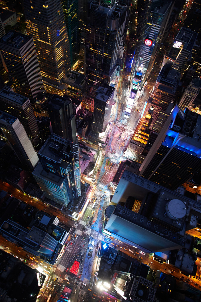 Early evening aerial view of Times Square in the Manhattan, New York City.